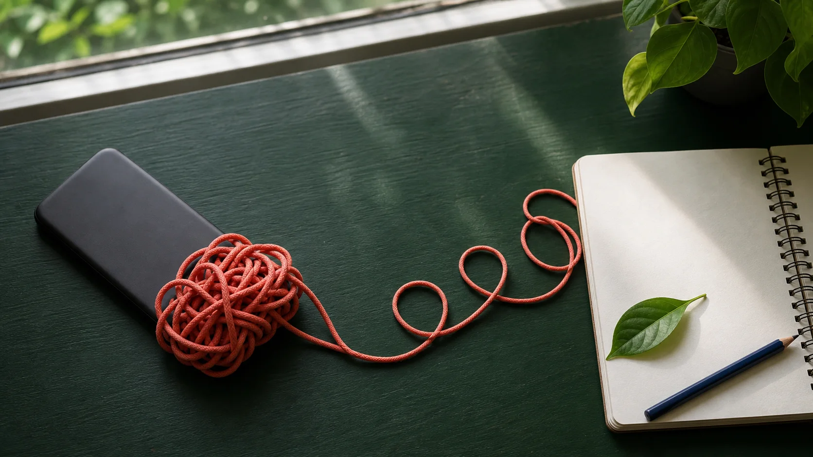 纏繞手機的繩結逐漸鬆開，延伸到空白筆記本與綠葉
